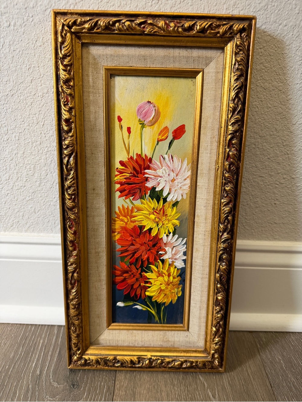 Vintage Floral Oil Painting Chrysanthemums Tulips Gold Ornate Frame Mid Century